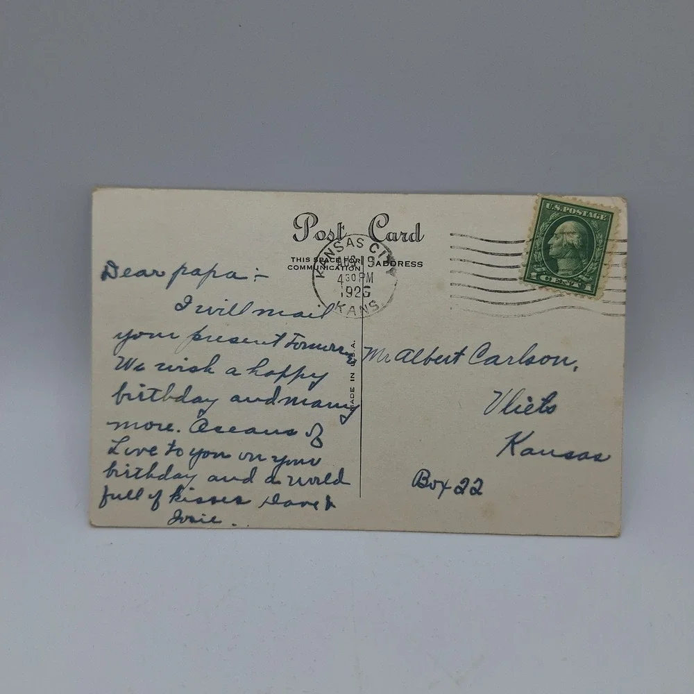 Antique Postcard Kansas City‎ 1925 Birthday Message US Postage Stamp